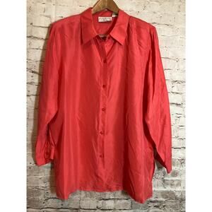 Silk Lore By Beth Terrell Top Womens 1X Coral Orange Button Up Plus 100% Silk